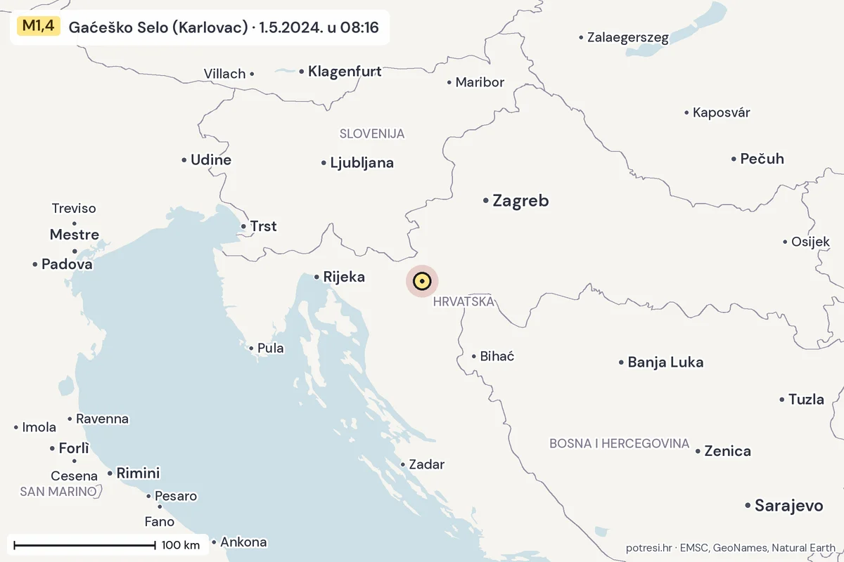 Karta: šire područje, 600 km, potres M1,4, Gaćeško Selo (Karlovac), 1.5.2024.