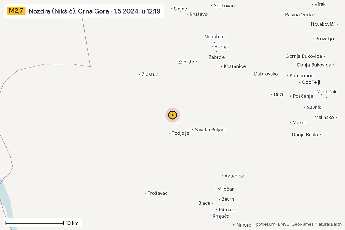 Karta: okolica epicentra, 60 km, potres M2,7, Nozdra (Nikšić), Crna Gora, 1.5.2024.