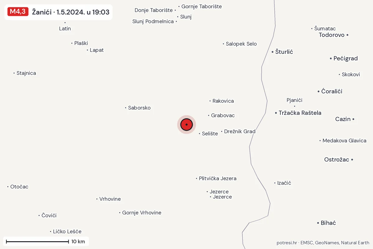 Karta: okolica epicentra, 60 km, potres M4,3, Žanići, 1.5.2024.
