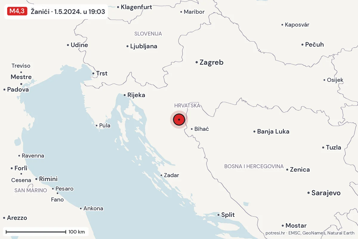 Karta: šire područje, 600 km, potres M4,3, Žanići, 1.5.2024.