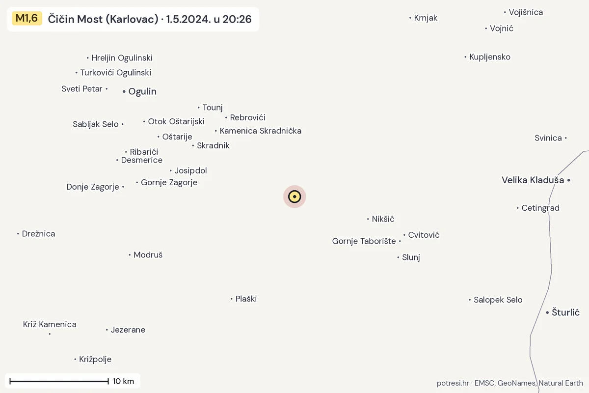 Karta: okolica epicentra, 60 km, potres M1,6, Čičin Most (Karlovac), 1.5.2024.