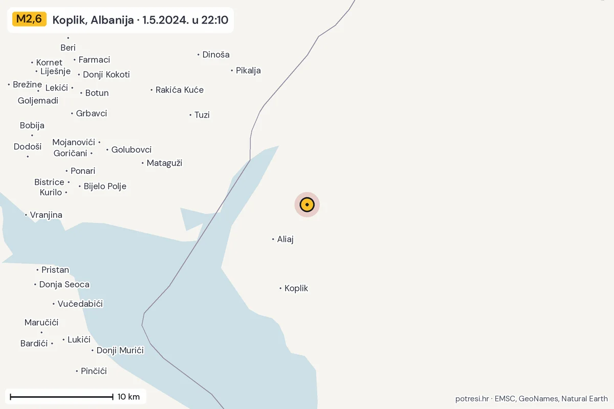 Karta: okolica epicentra, 60 km, potres M2,6, Koplik, Albanija, 1.5.2024.