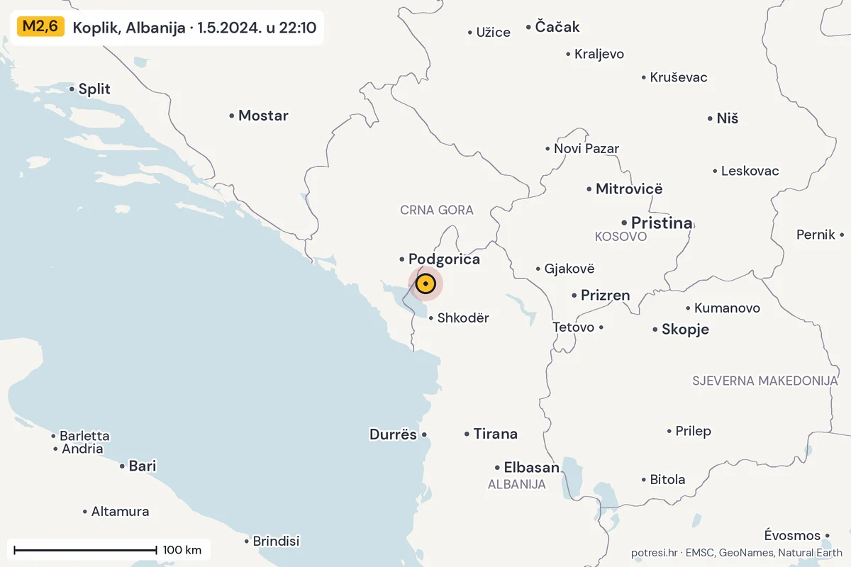 Karta: šire područje, 600 km, potres M2,6, Koplik, Albanija, 1.5.2024.