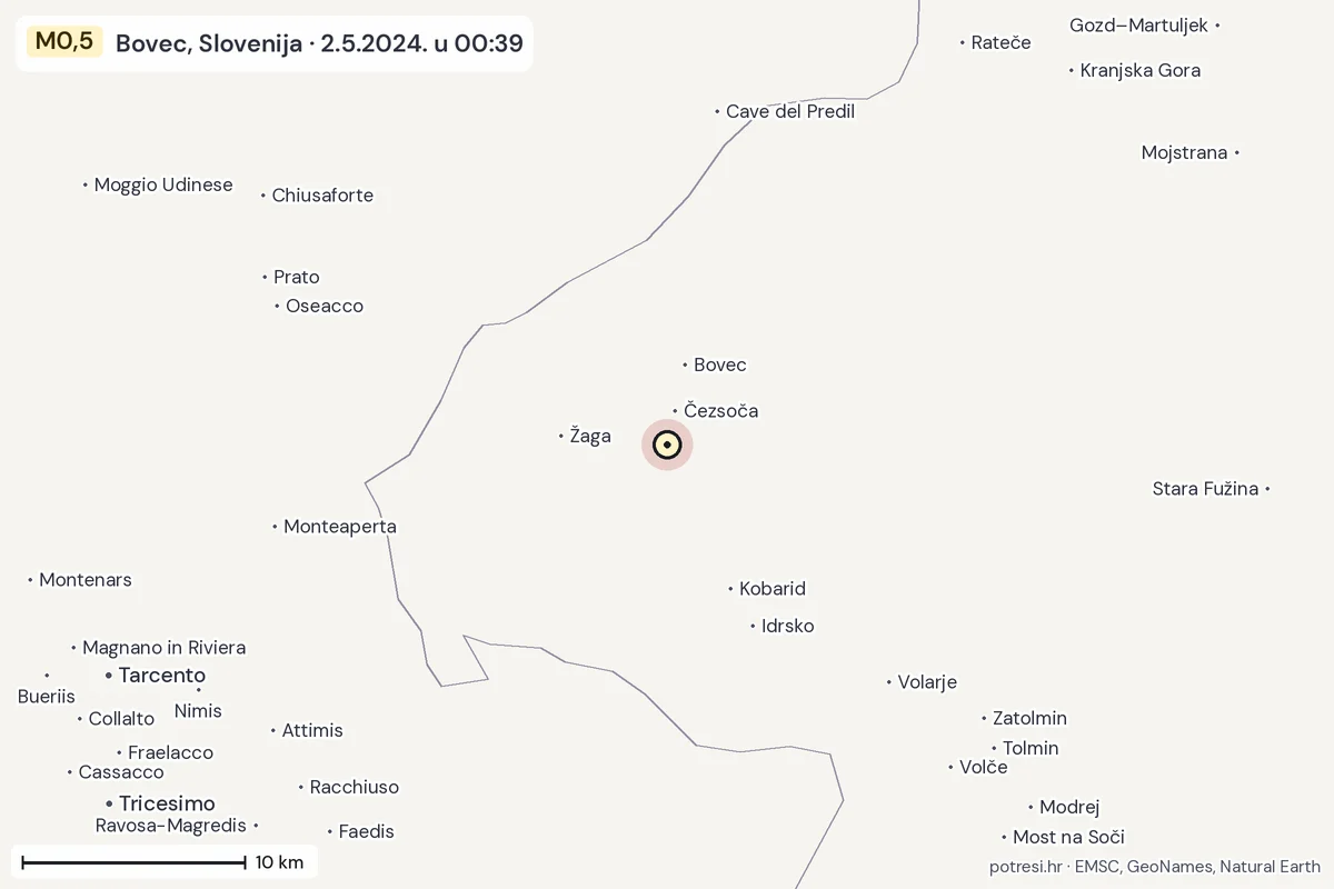 Karta: okolica epicentra, 60 km, potres M0,5, Bovec, Slovenija, 2.5.2024.