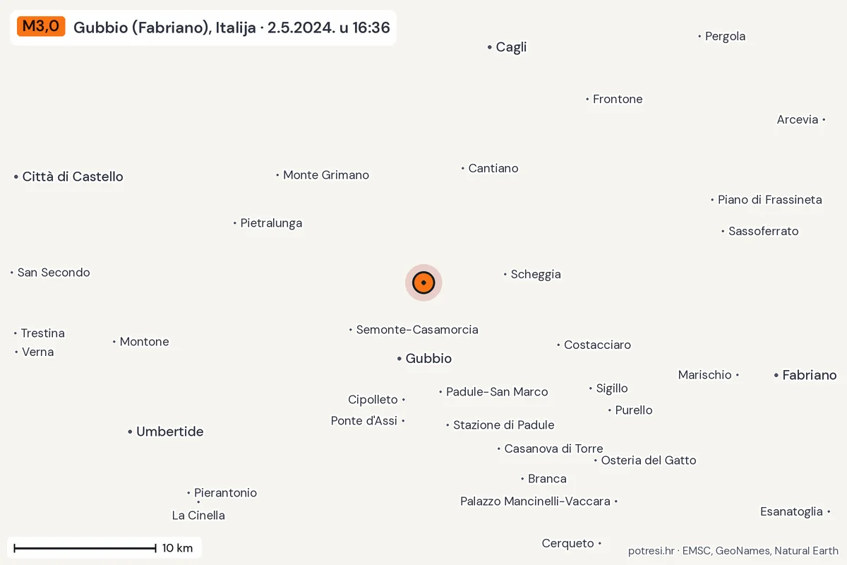Karta: okolica epicentra, 60 km, potres M3,0, Gubbio (Fabriano), Italija, 2.5.2024.