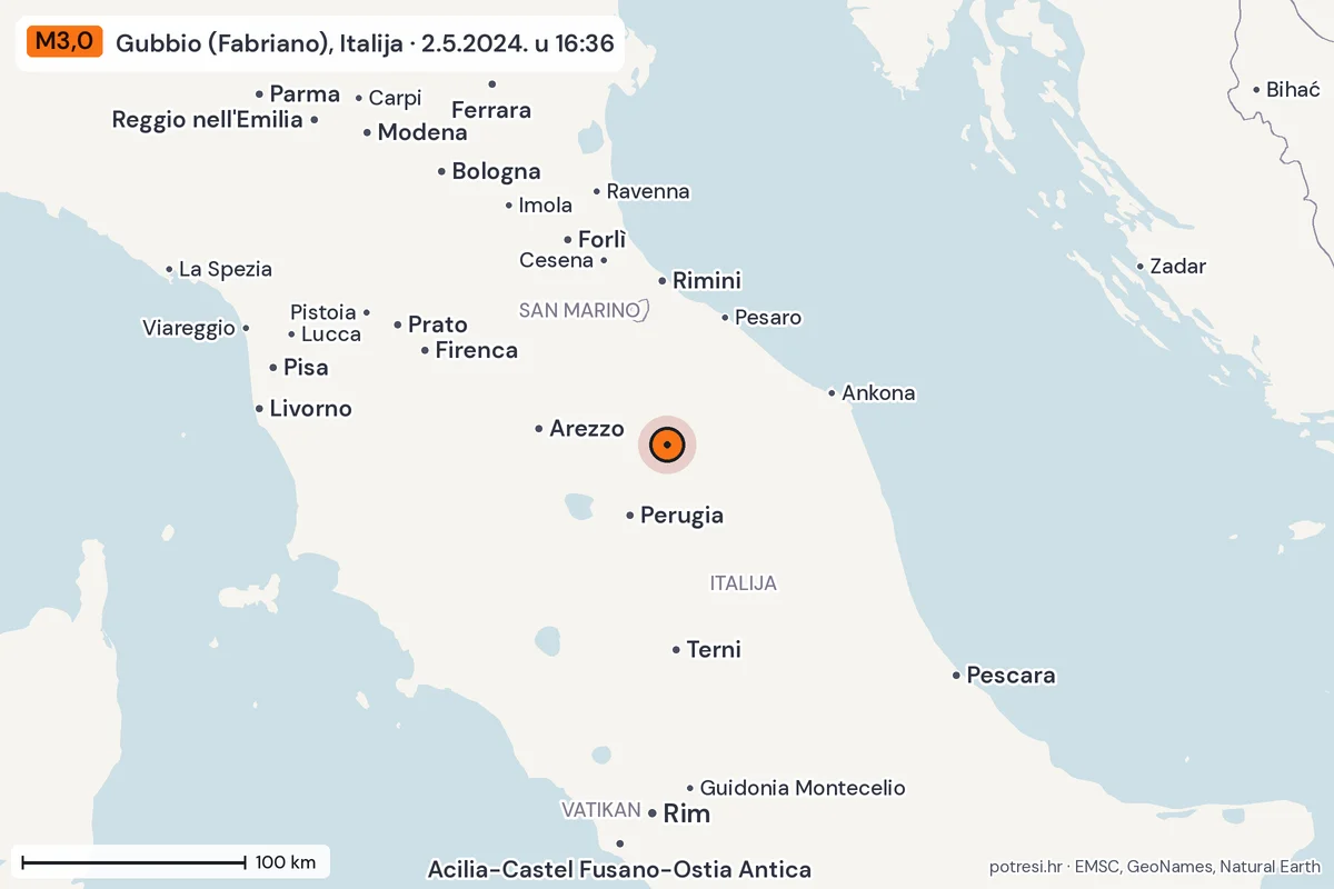 Karta: šire područje, 600 km, potres M3,0, Gubbio (Fabriano), Italija, 2.5.2024.