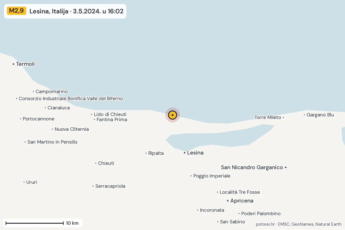 Karta: okolica epicentra, 60 km, potres M2,9, Lesina, Italija, 3.5.2024.