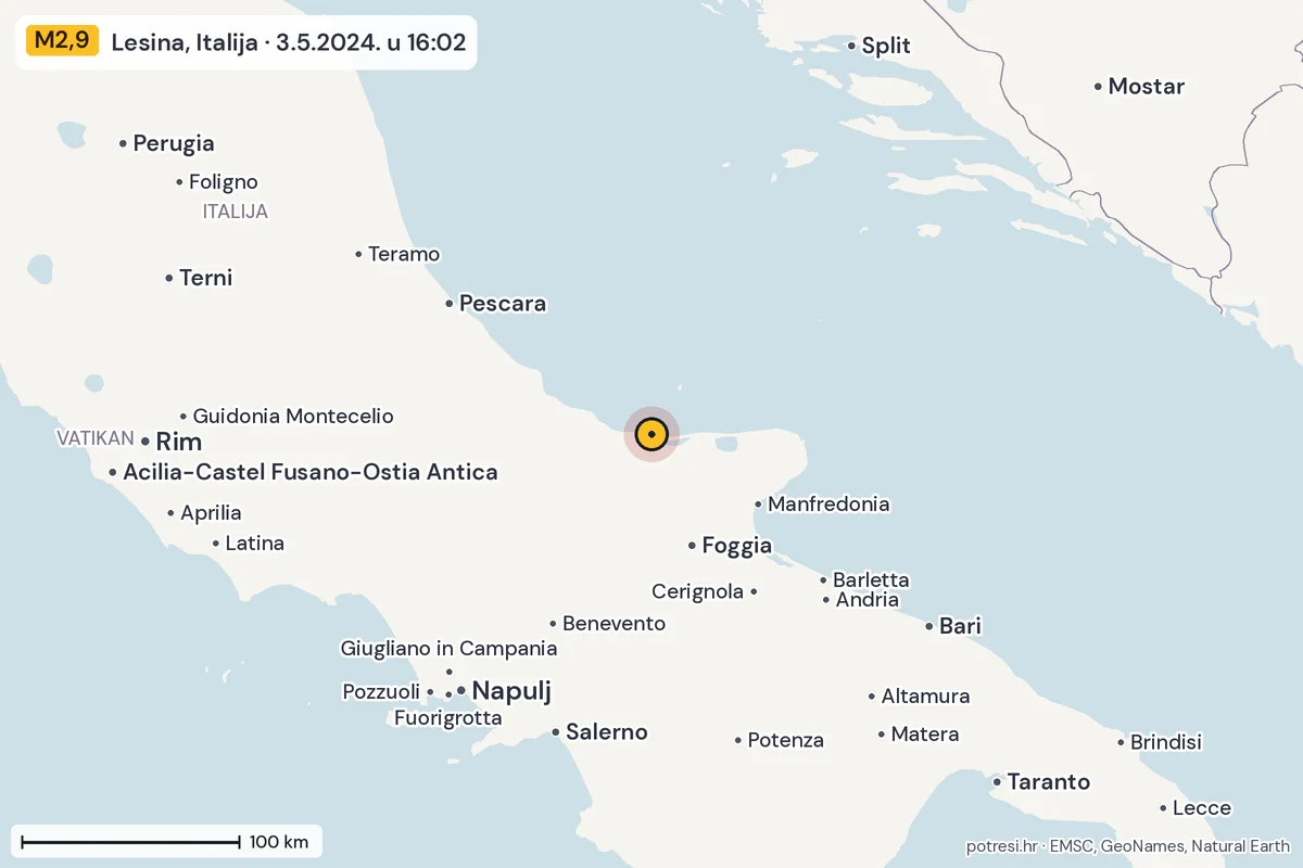 Karta: šire područje, 600 km, potres M2,9, Lesina, Italija, 3.5.2024.