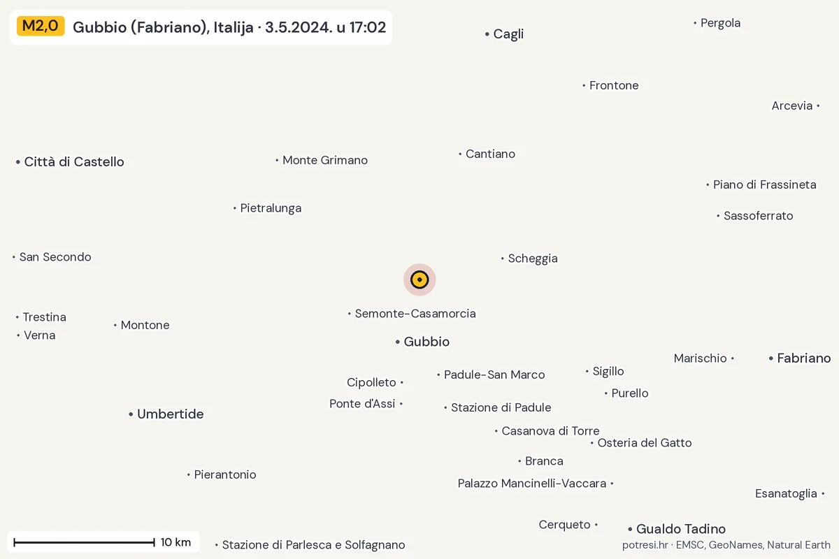 Karta: okolica epicentra, 60 km, potres M2,0, Gubbio (Fabriano), Italija, 3.5.2024.