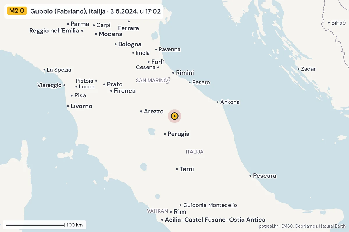 Karta: šire područje, 600 km, potres M2,0, Gubbio (Fabriano), Italija, 3.5.2024.