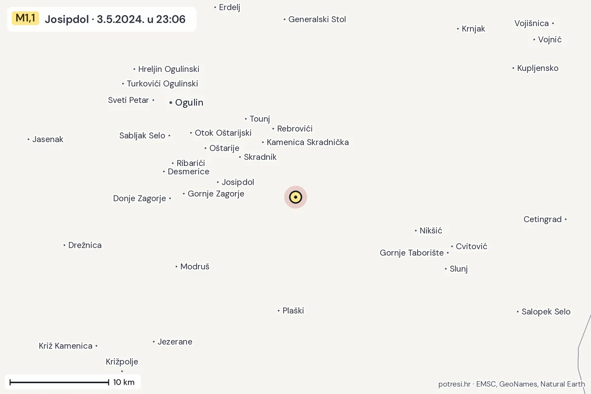 Karta: okolica epicentra, 60 km, potres M1,1, Josipdol, 3.5.2024.