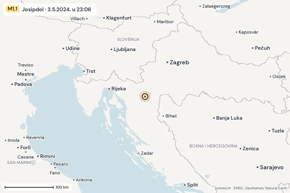 Karta: šire područje, 600 km, potres M1,1, Josipdol, 3.5.2024.
