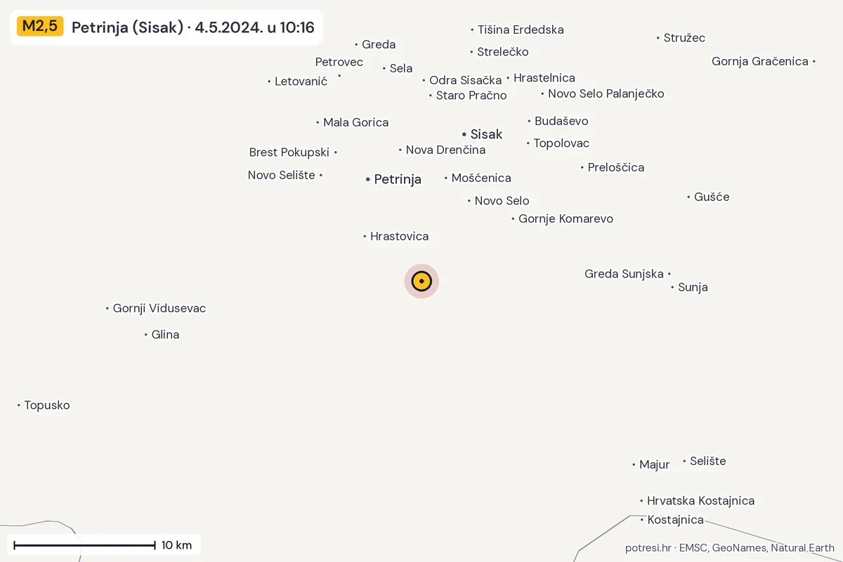 Karta: okolica epicentra, 60 km, potres M2,5, Petrinja (Sisak), 4.5.2024.