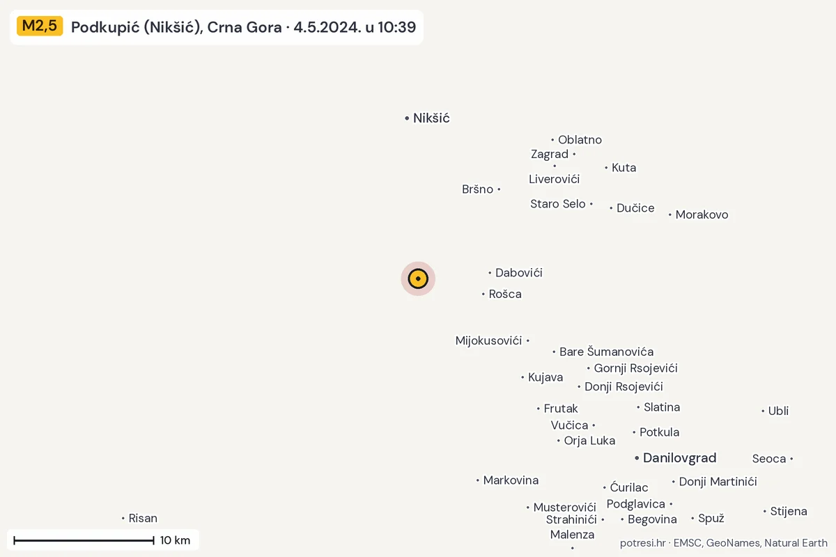 Karta: okolica epicentra, 60 km, potres M2,5, Podkupić (Nikšić), Crna Gora, 4.5.2024.