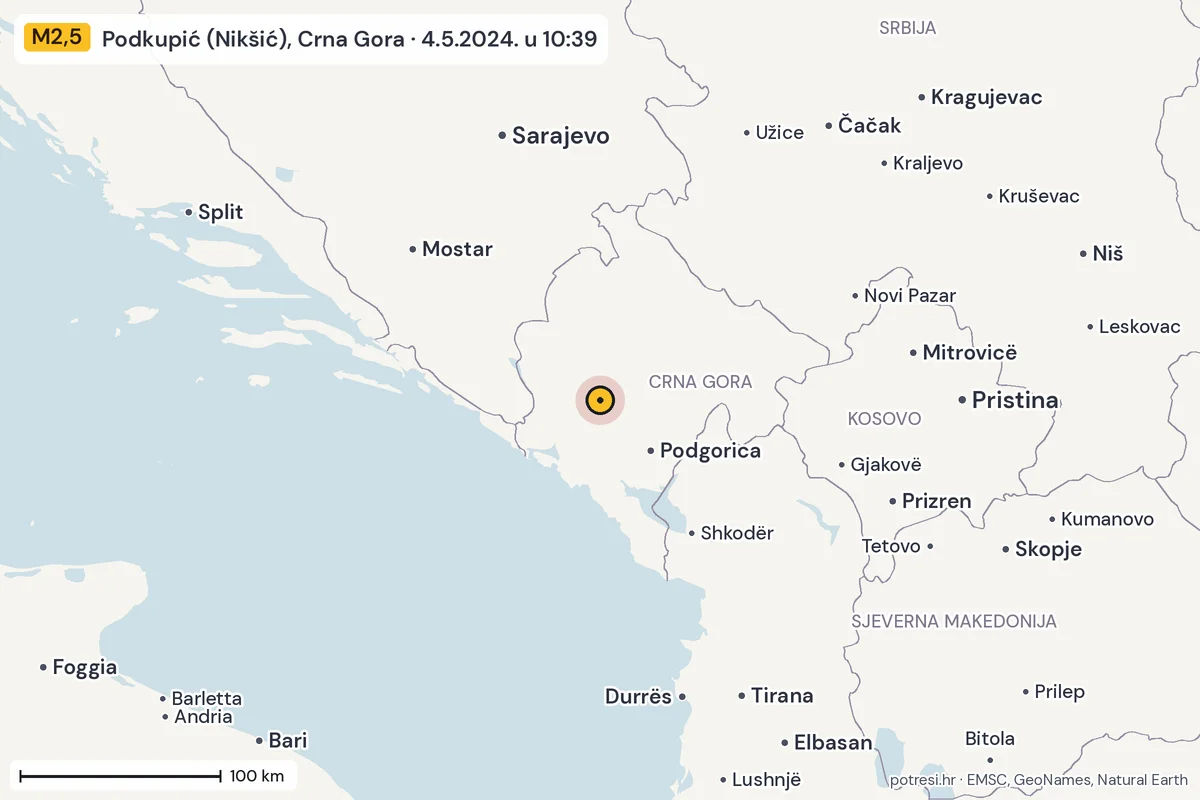 Karta: šire područje, 600 km, potres M2,5, Podkupić (Nikšić), Crna Gora, 4.5.2024.