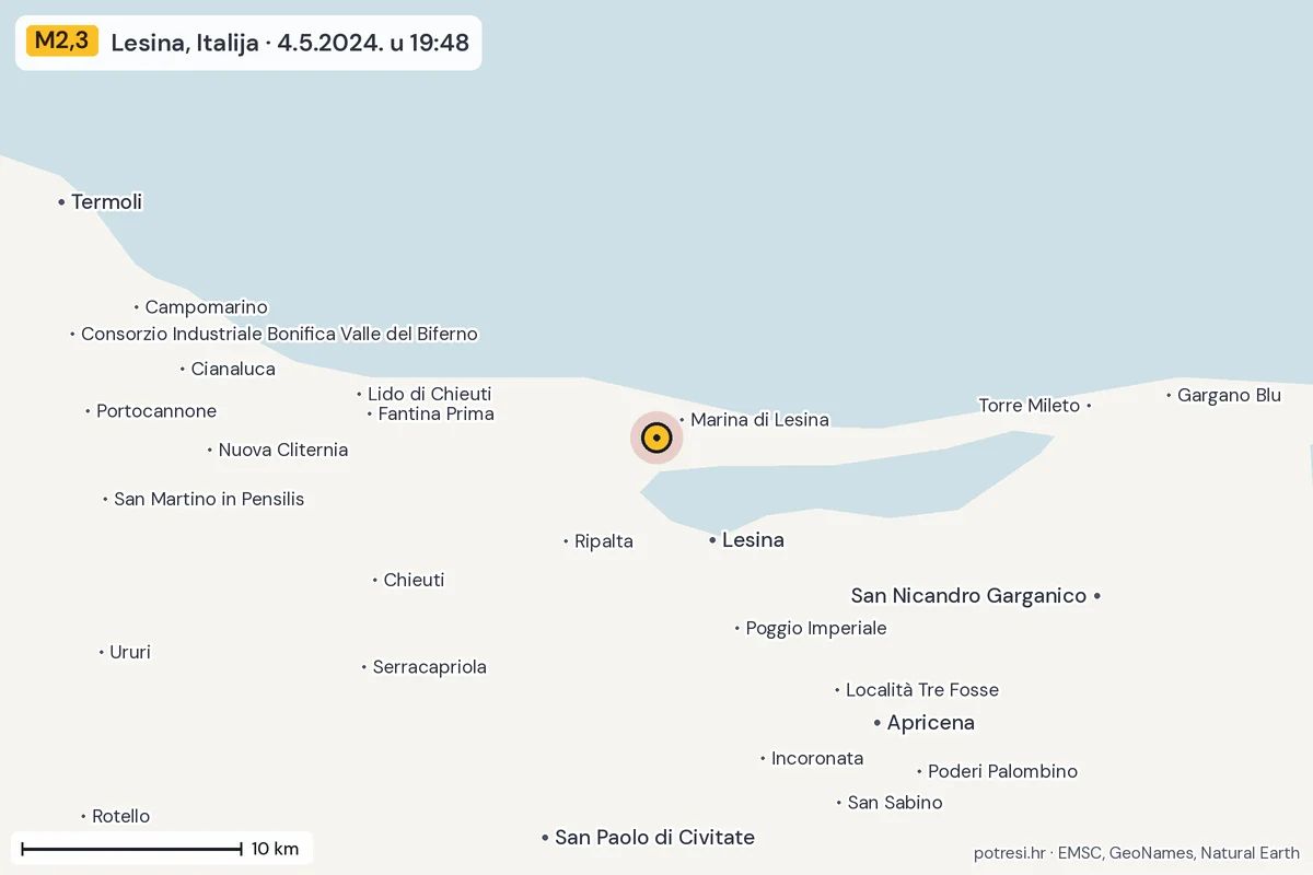 Karta: okolica epicentra, 60 km, potres M2,3, Lesina, Italija, 4.5.2024.