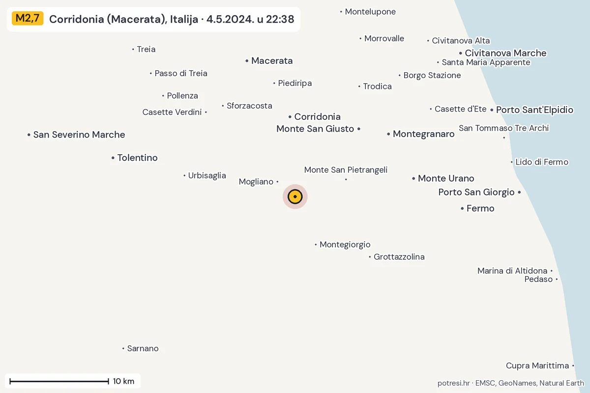 Karta: okolica epicentra, 60 km, potres M2,7, Corridonia (Macerata), Italija, 4.5.2024.