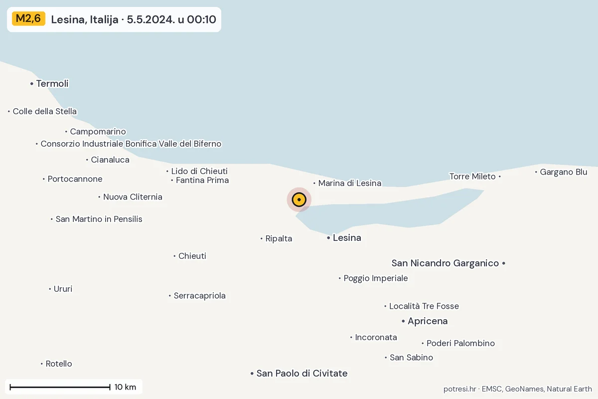 Karta: okolica epicentra, 60 km, potres M2,6, Lesina, Italija, 5.5.2024.