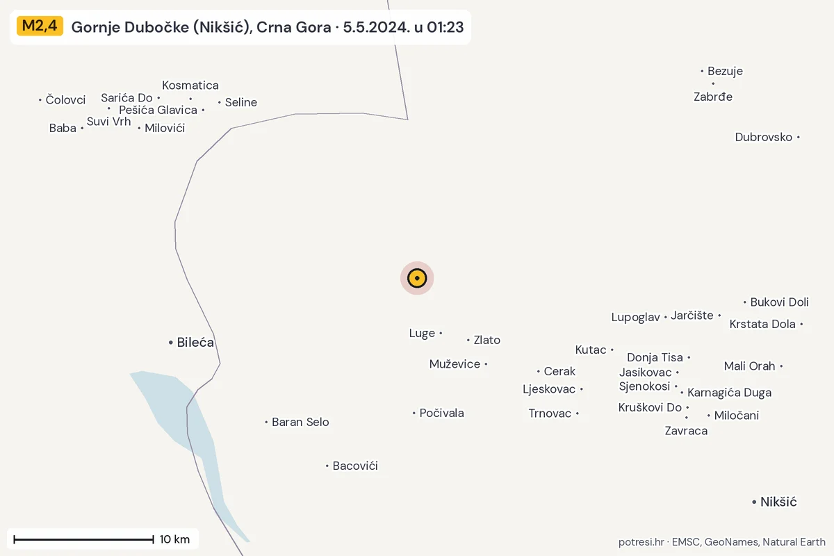 Karta: okolica epicentra, 60 km, potres M2,4, Gornje Dubočke (Nikšić), Crna Gora, 5.5.2024.