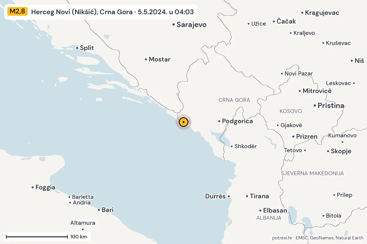 Karta: šire područje, 600 km, potres M2,8, Herceg Novi (Nikšić), Crna Gora, 5.5.2024.