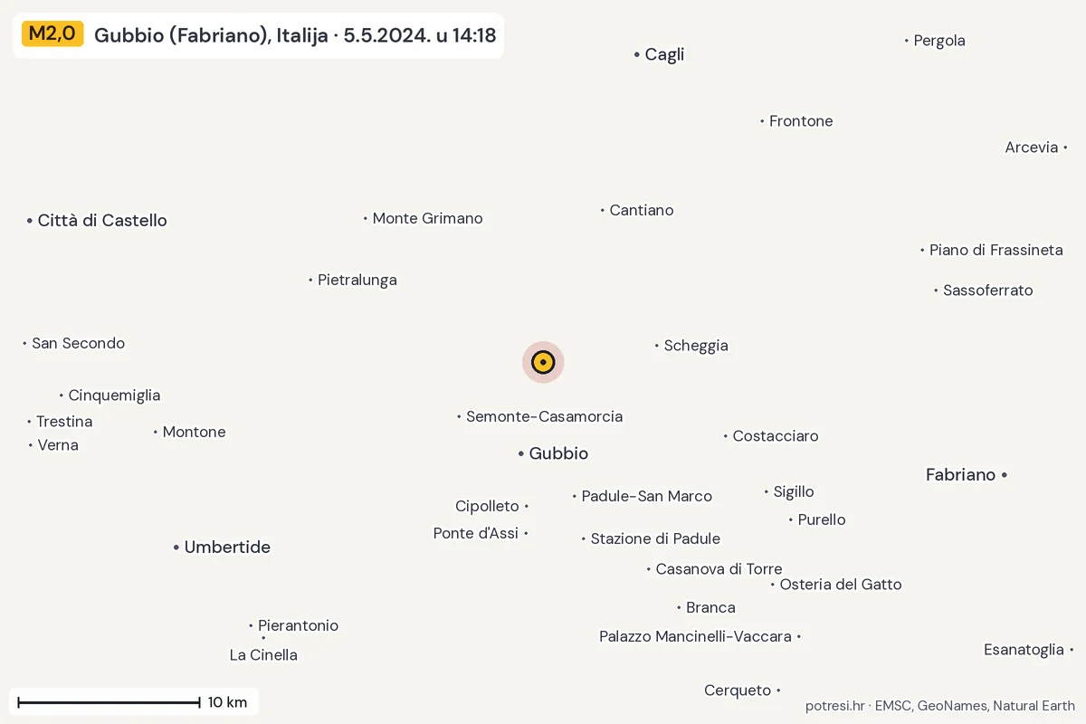 Karta: okolica epicentra, 60 km, potres M2,0, Gubbio (Fabriano), Italija, 5.5.2024.