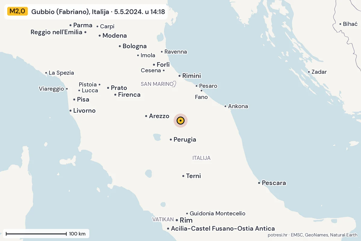 Karta: šire područje, 600 km, potres M2,0, Gubbio (Fabriano), Italija, 5.5.2024.