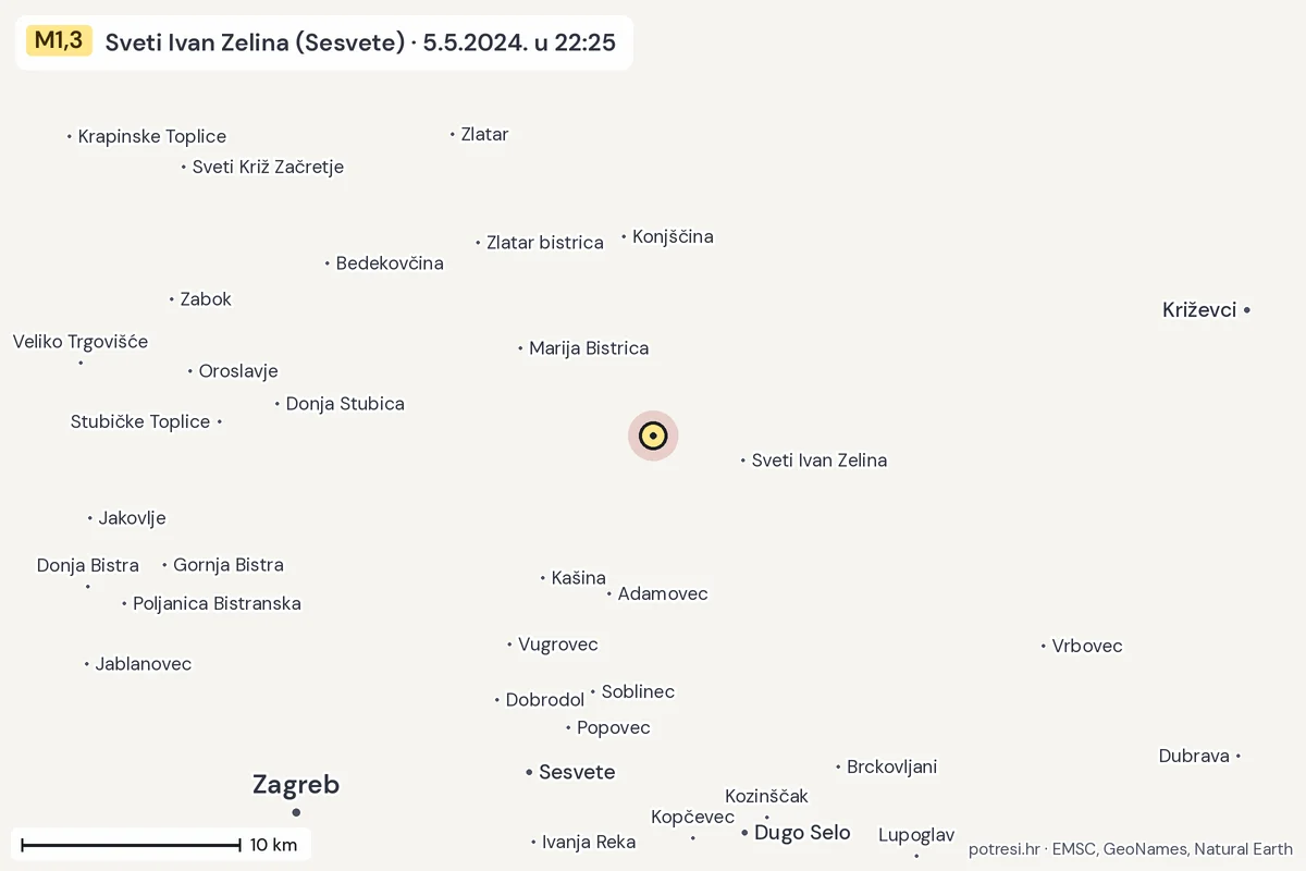 Karta: okolica epicentra, 60 km, potres M1,3, Sveti Ivan Zelina (Sesvete), 5.5.2024.