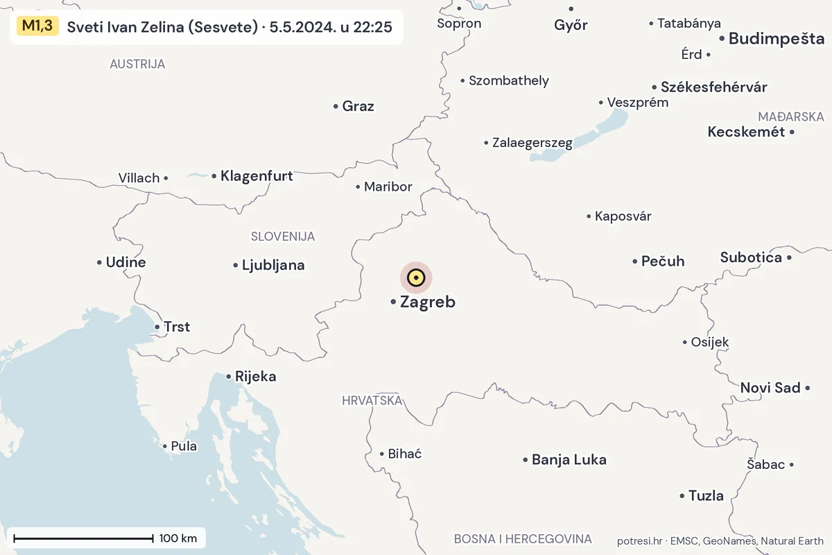 Karta: šire područje, 600 km, potres M1,3, Sveti Ivan Zelina (Sesvete), 5.5.2024.