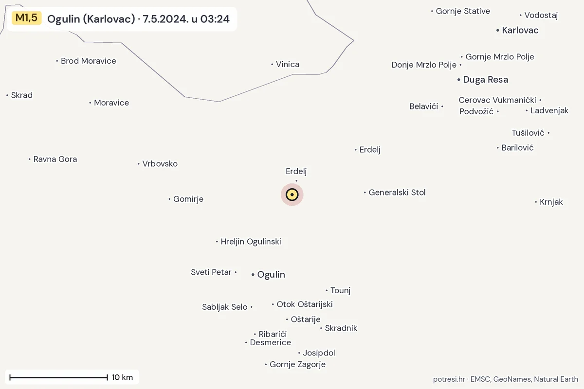 Karta: okolica epicentra, 60 km, potres M1,5, Ogulin (Karlovac), 7.5.2024.