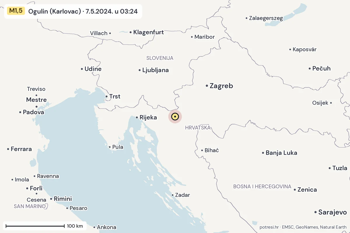Karta: šire područje, 600 km, potres M1,5, Ogulin (Karlovac), 7.5.2024.