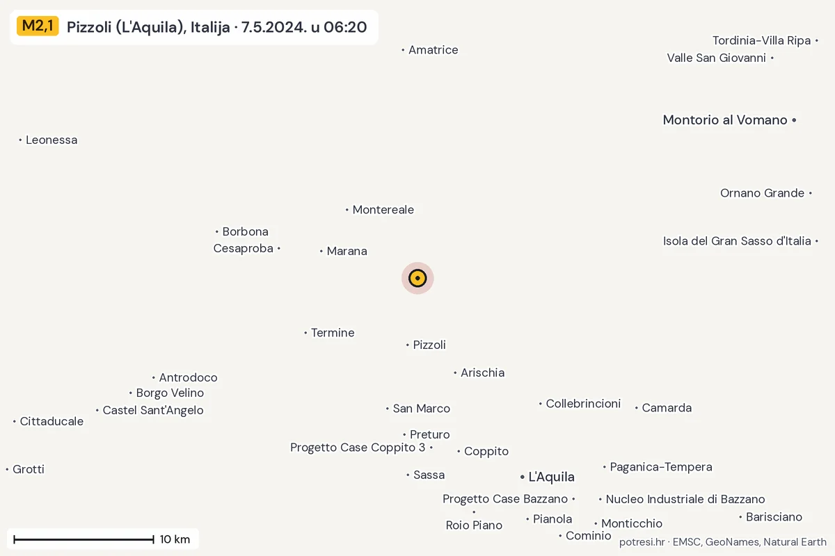 Karta: okolica epicentra, 60 km, potres M2,1, Pizzoli (L'Aquila), Italija, 7.5.2024.