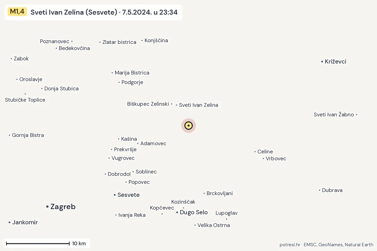 Karta: okolica epicentra, 60 km, potres M1,4, Sveti Ivan Zelina (Sesvete), 7.5.2024.