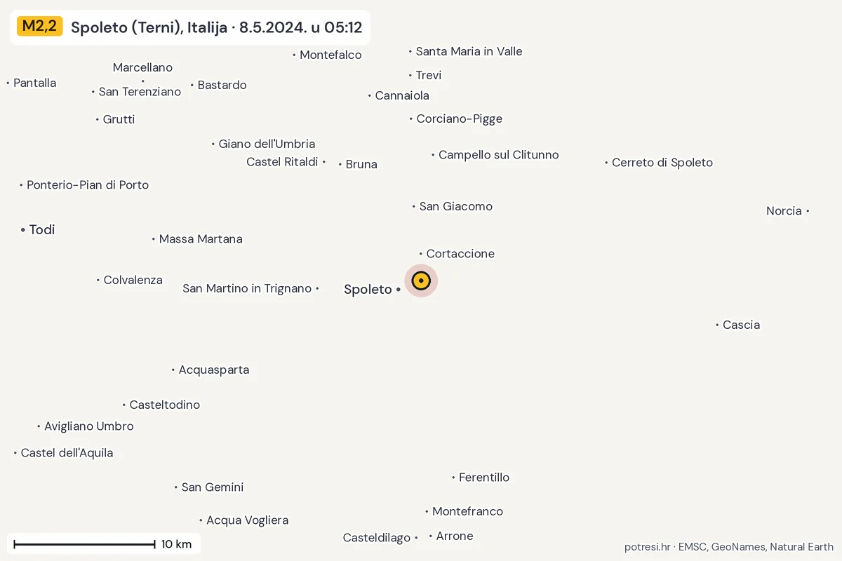 Karta: okolica epicentra, 60 km, potres M2,2, Spoleto (Terni), Italija, 8.5.2024.