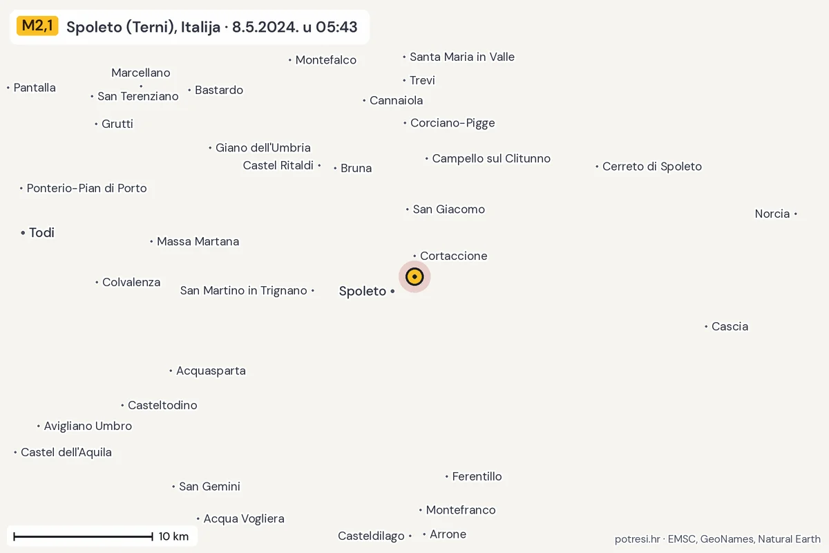 Karta: okolica epicentra, 60 km, potres M2,1, Spoleto (Terni), Italija, 8.5.2024.