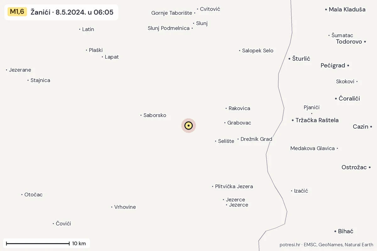 Karta: okolica epicentra, 60 km, potres M1,6, Žanići, 8.5.2024.