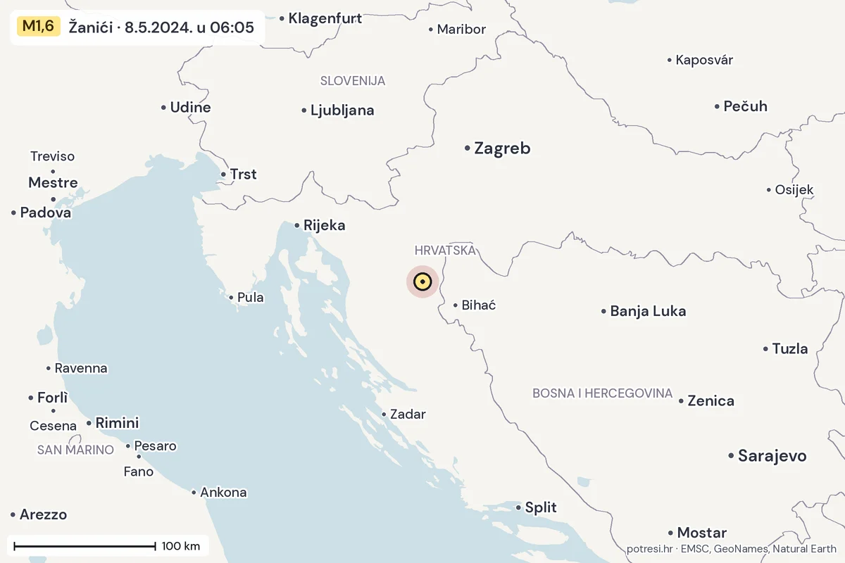 Karta: šire područje, 600 km, potres M1,6, Žanići, 8.5.2024.