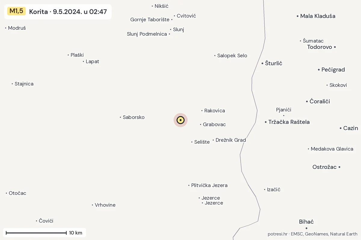 Karta: okolica epicentra, 60 km, potres M1,5, Korita, 9.5.2024.