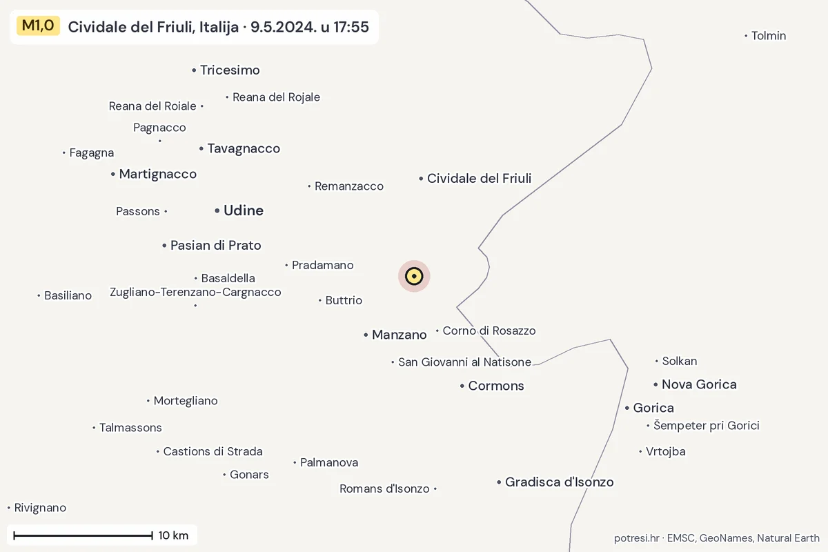 Karta: okolica epicentra, 60 km, potres M1,0, Cividale del Friuli, Italija, 9.5.2024.
