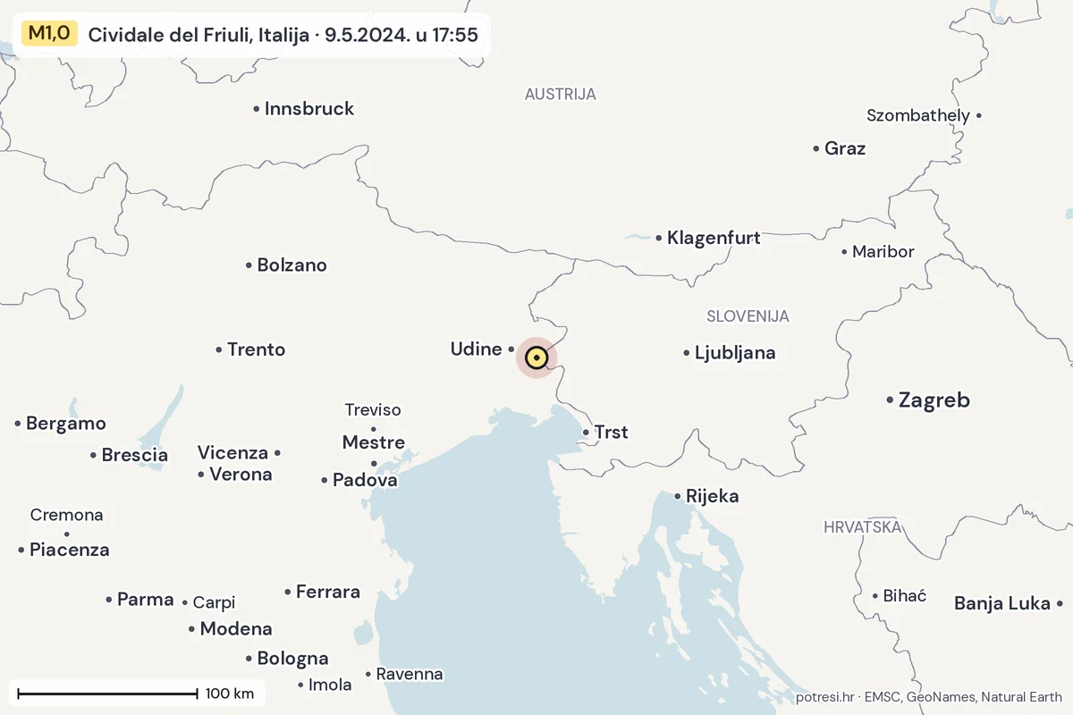 Karta: šire područje, 600 km, potres M1,0, Cividale del Friuli, Italija, 9.5.2024.