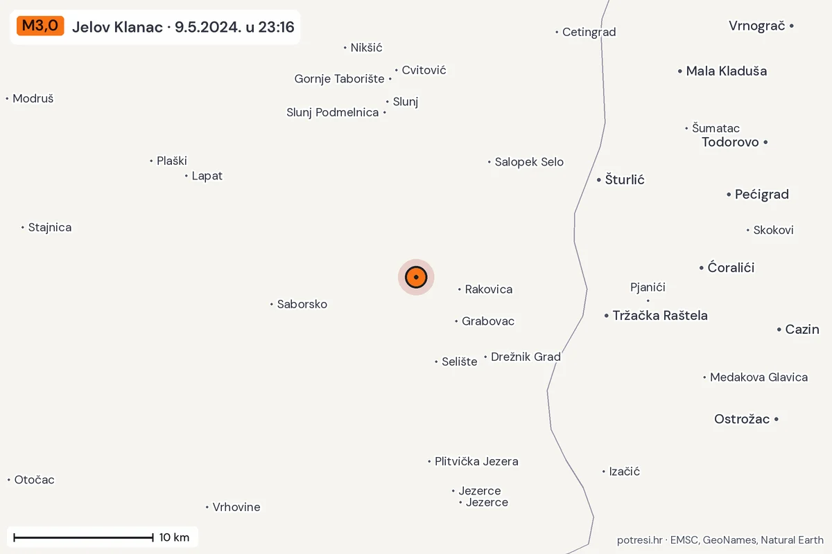 Karta: okolica epicentra, 60 km, potres M3,0, Jelov Klanac, 9.5.2024.