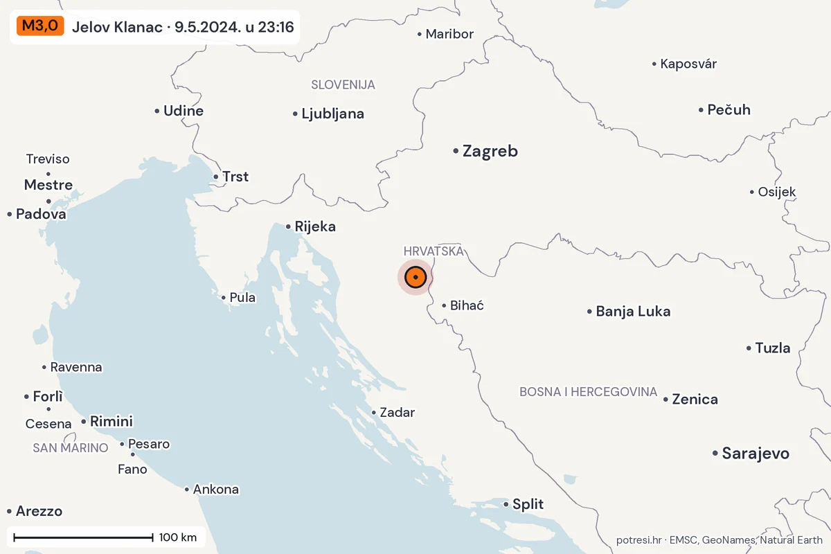 Karta: šire područje, 600 km, potres M3,0, Jelov Klanac, 9.5.2024.