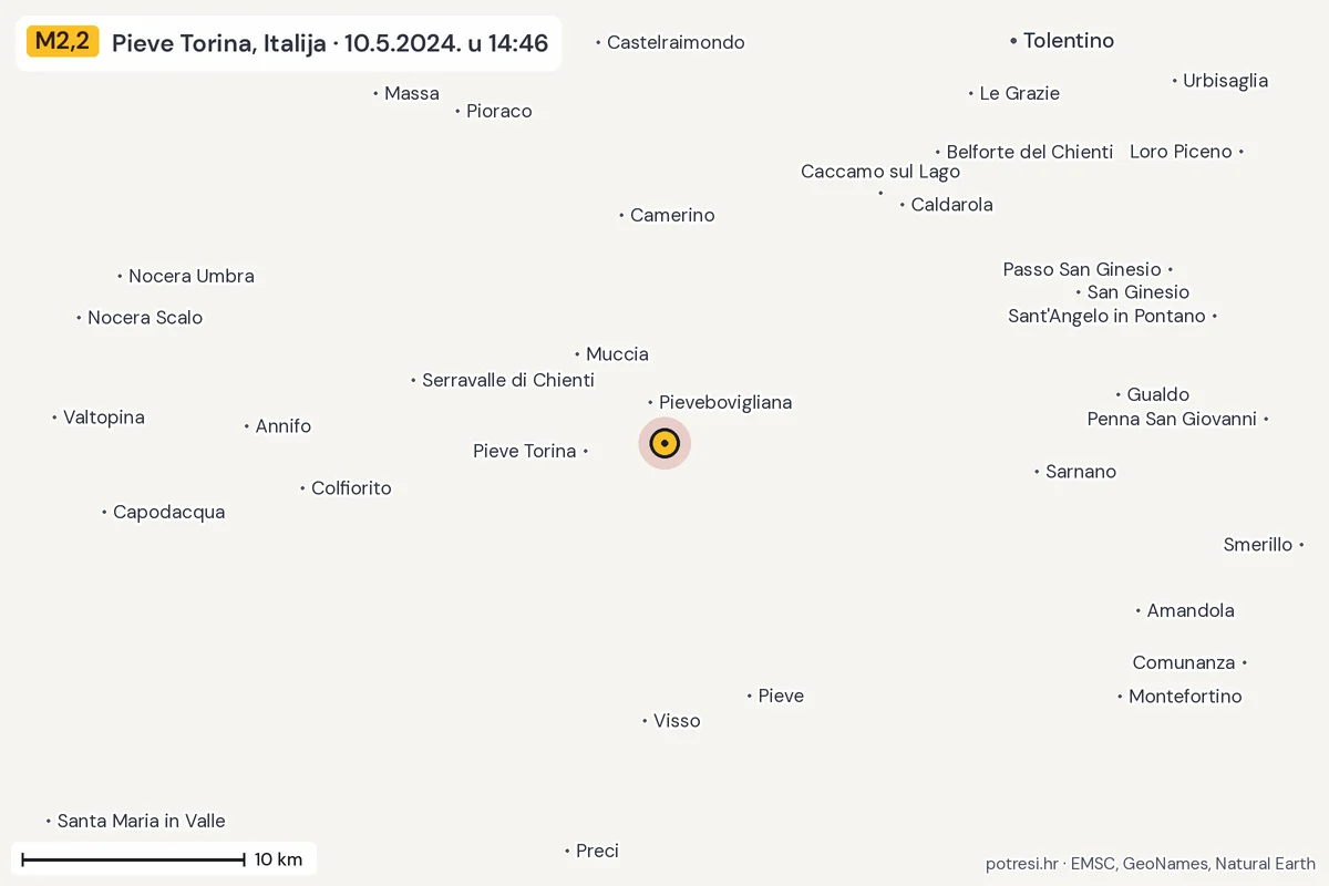 Karta: okolica epicentra, 60 km, potres M2,2, Pieve Torina, Italija, 10.5.2024.