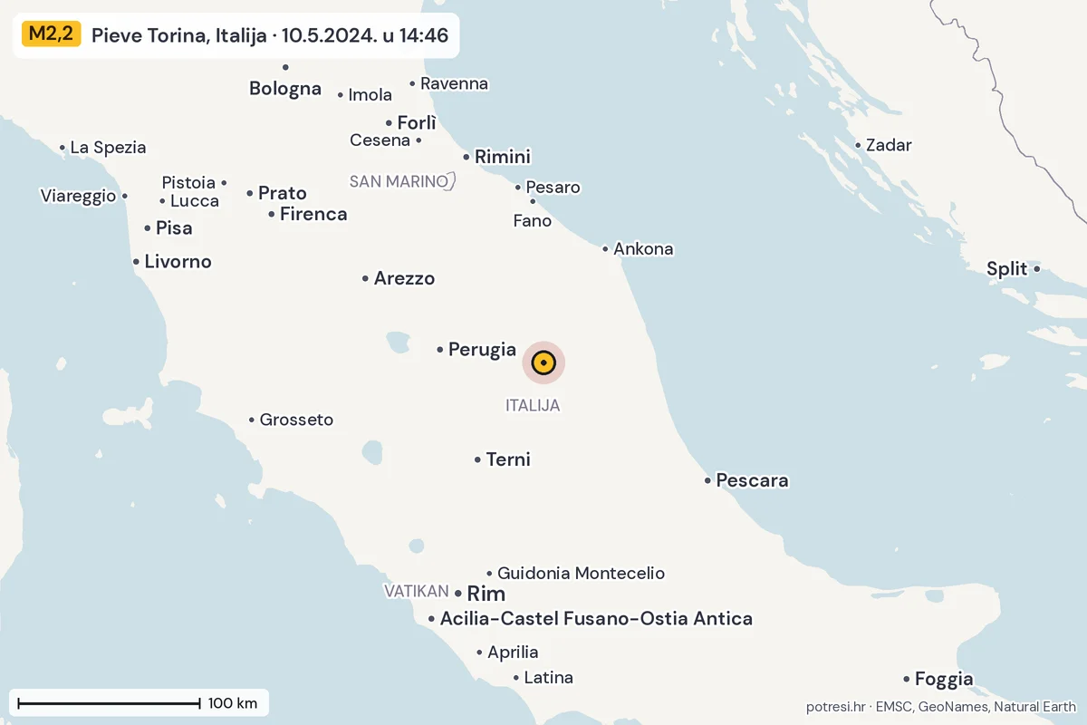 Karta: šire područje, 600 km, potres M2,2, Pieve Torina, Italija, 10.5.2024.