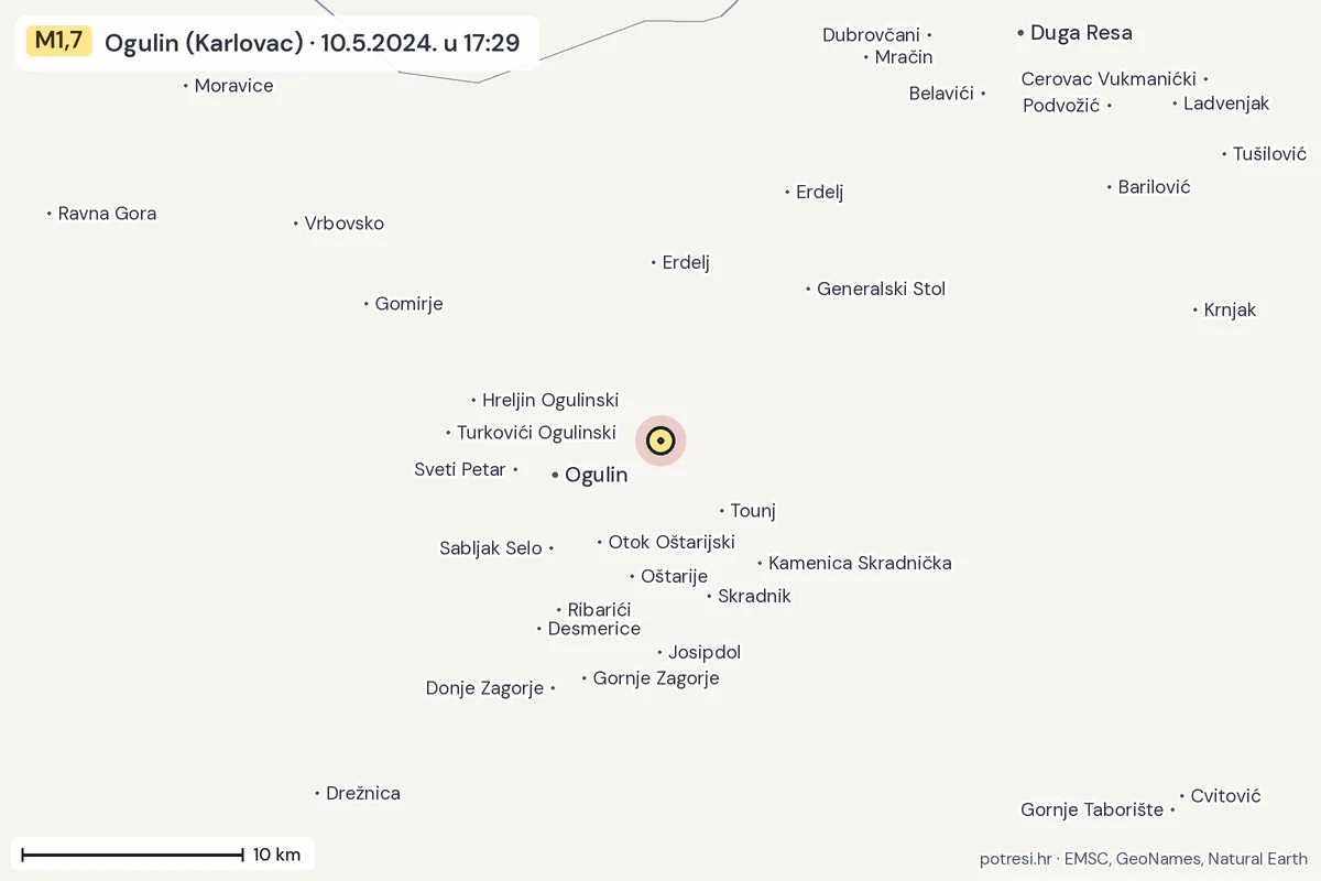 Karta: okolica epicentra, 60 km, potres M1,7, Ogulin (Karlovac), 10.5.2024.
