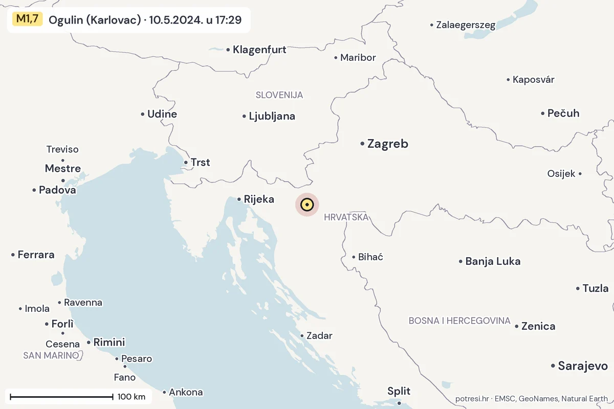 Karta: šire područje, 600 km, potres M1,7, Ogulin (Karlovac), 10.5.2024.