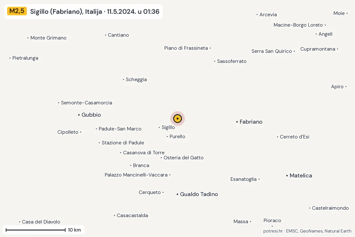 Karta: okolica epicentra, 60 km, potres M2,5, Sigillo (Fabriano), Italija, 11.5.2024.