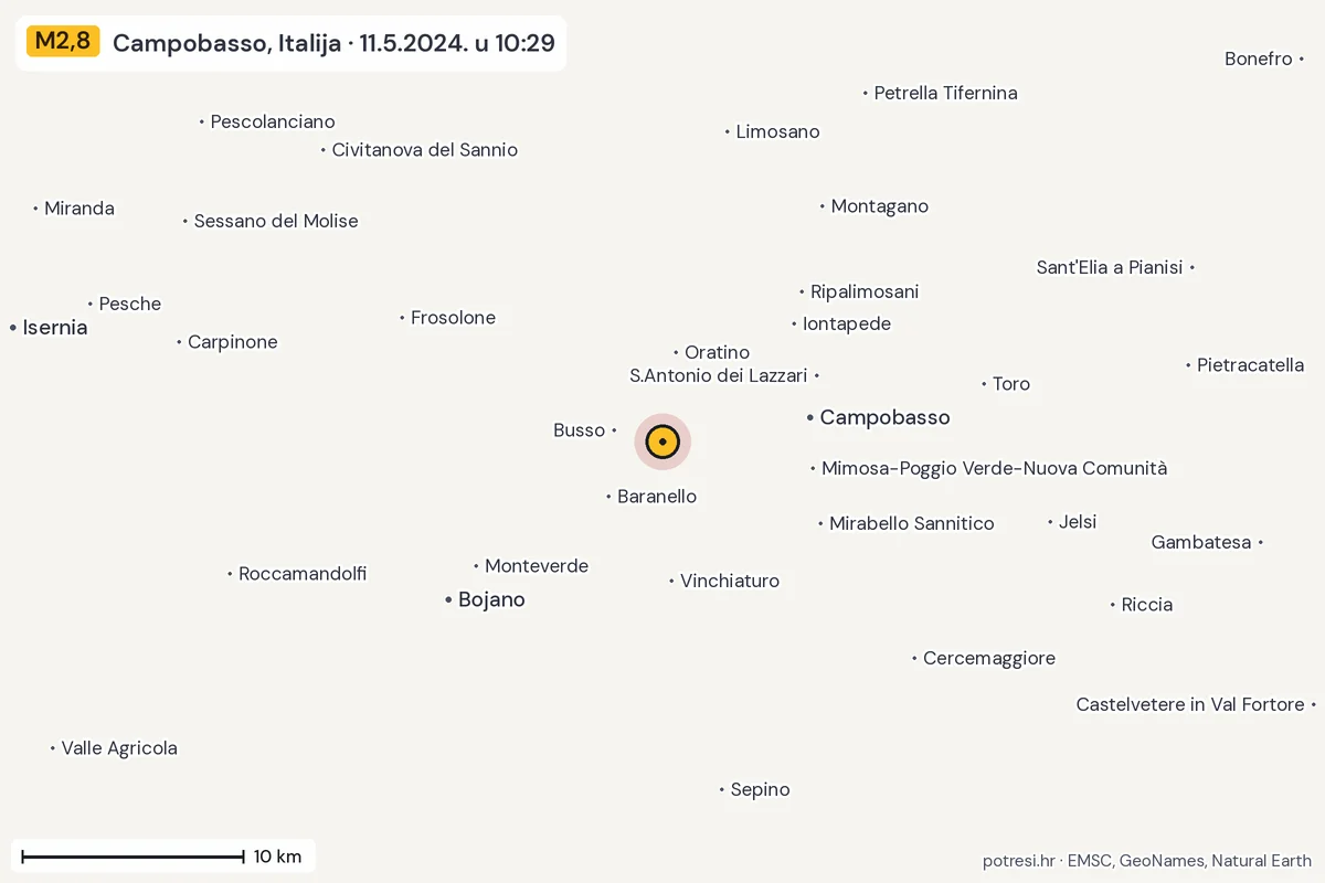 Karta: okolica epicentra, 60 km, potres M2,8, Campobasso, Italija, 11.5.2024.