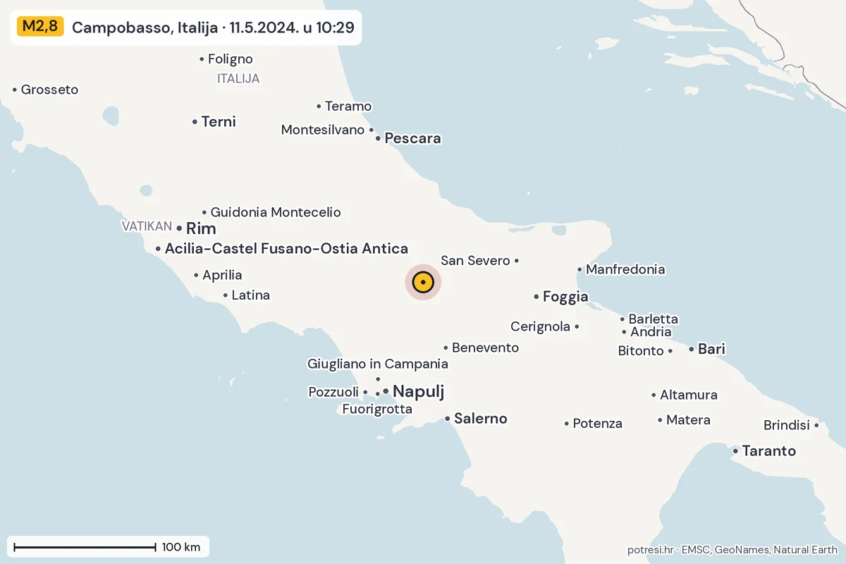 Karta: šire područje, 600 km, potres M2,8, Campobasso, Italija, 11.5.2024.