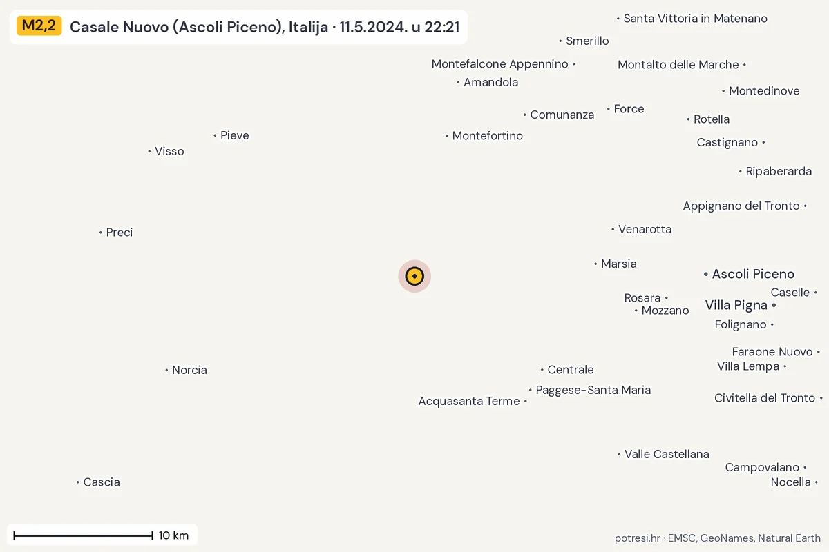 Karta: okolica epicentra, 60 km, potres M2,2, Casale Nuovo (Ascoli Piceno), Italija, 11.5.2024.