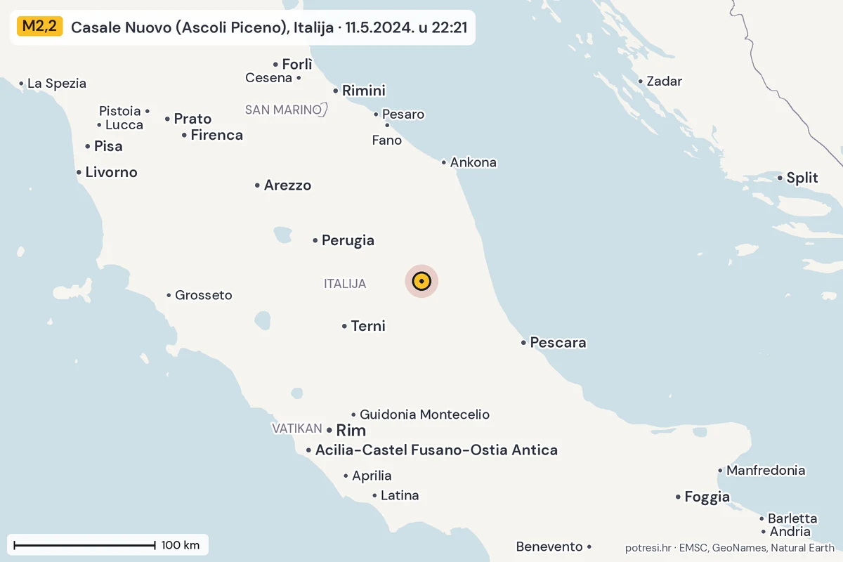Karta: šire područje, 600 km, potres M2,2, Casale Nuovo (Ascoli Piceno), Italija, 11.5.2024.